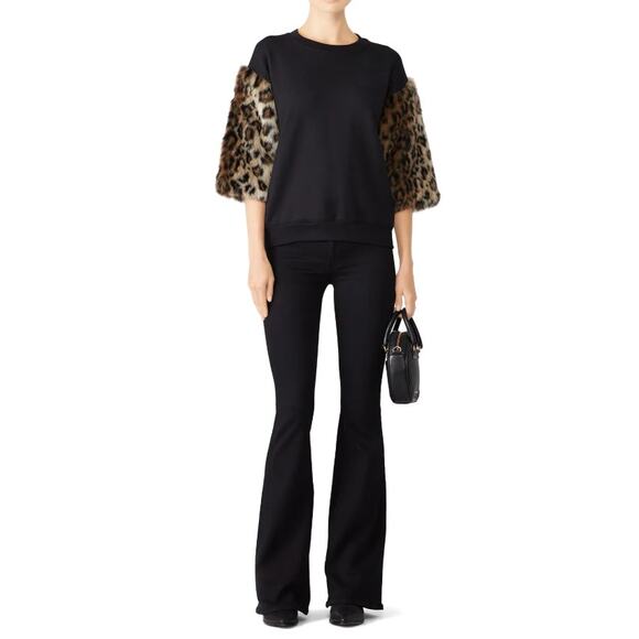 Harvey Faircloth Faux Fur Leopard Sweatshirt Black 3/4 Sleeve Pullover Size L - Picture 1 of 6